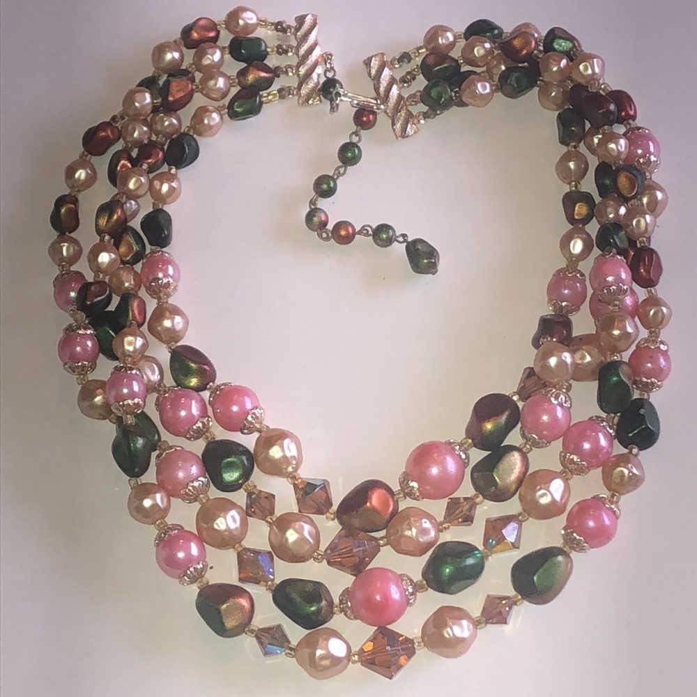 Multi-Strand Vintage Pink Faux Pearl and Iridescent Bead Necklace